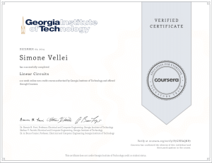 Linear Circuits by Georgia Institute of Technology on Coursera. Certificate earned on December 3rd, 2014